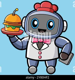 Un cameriere robot amichevole con un grande sorriso. indossa un cappello da chef e un papillon. contiene un piatto con un delizioso hamburger. Perfetto per il ristorante e il cibo Illustrazione Vettoriale