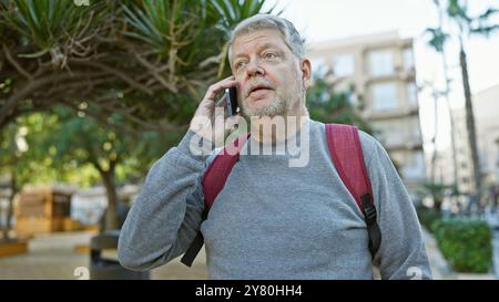 Un uomo dai capelli grigi maturo parla su uno smartphone mentre si trova in una strada cittadina, con un aspetto leggermente preoccupato. Foto Stock