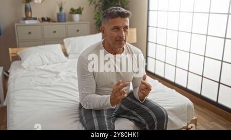 Uomo di mezza età seduto sul letto in camera da letto che si incrocia con le dita indossando pigiami Foto Stock