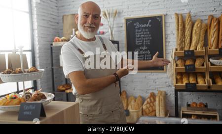 Uomo maturo con capelli e barba grigi che presenta una selezione di pane e dolci freschi in una luminosa panetteria interna con un grembiule e un sorriso Foto Stock