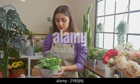 Giovane donna ispanica in un negozio di fiori con una pianta in vaso, circondata da vivaci composizioni floreali. Foto Stock