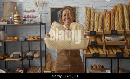 Donna che tiene il pane in una panetteria con una varietà di prodotti da forno esposti sugli scaffali sullo sfondo Foto Stock