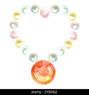 Collana di gemme sfaccettate a mezza sfera con perle dipinte a mano in acquerello. Preziosa pietra lucida sfaccettata dalla forma rotonda di colore arancione Foto Stock