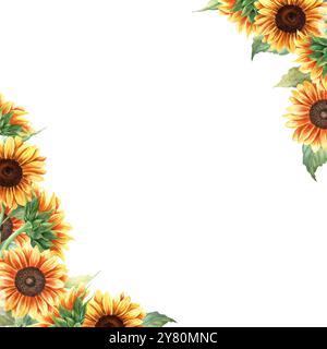 Cornice quadrata ad acquerello con girasoli gialli e piante vivaci. Illustrazione ad acquerello botanico disegnata a mano isolata su sfondo bianco. Per il saluto Foto Stock