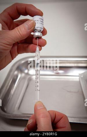 Vaccinazione contro Covid-19 in farmacia: Un farmacista prepara dosi di influenza stagionale e vaccini covid19 per il giorno, una fiala di Comirnaty mRNA vac Foto Stock