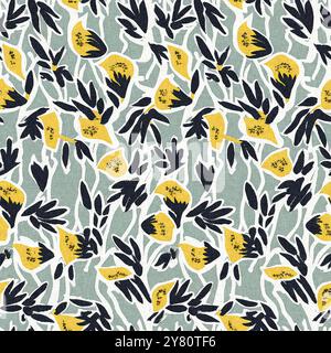 Moderno motivo blockprint in tessuto stampato con fiori selvatici e texture in lino. Motivi floreali boho scuri disegnati a mano stilizzati per elementi di design decorativi Foto Stock