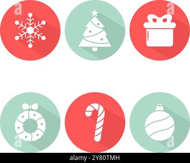 Icone del design piatto natalizio. Icone rotonde e colorate con un'ombra lunga. Le icone impostano l'illustrazione vettoriale. Illustrazione Vettoriale