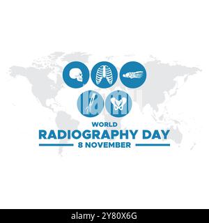 Giornata mondiale della radiografia. 8 novembre. Biglietto d'auguri, post design dei social media, design dei modelli, giornata mondiale della radiografia che si terrà l'8 novembre. Illustrazione Vettoriale