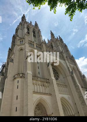 Architettura Marvel e vegetazione lussureggiante che circondano la Cattedrale Nazionale di Washington Foto Stock