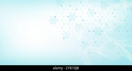 Assistenza sanitaria o progettazione di background medico. Concetto di innovazione nel settore sanitario. Banner Web intestazione orizzontale. Sfondo geometrico astratto con esagono Foto Stock