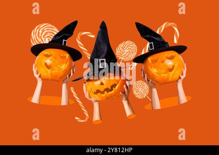 Collage fotografico composito di mani che reggono la zucca intagliata decorazioni di halloween cappello da strega celebrazione candela lecca-lecca isolata su sfondo dipinto Foto Stock