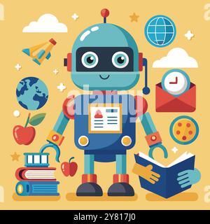 Un robot amichevole tiene aperto un libro. circondato da colorate icone educative. Perfetto per materiale didattico. libri per bambini. tecnologia. E ai c Illustrazione Vettoriale