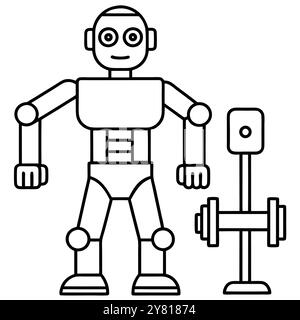 Un semplice disegno lineare di pesi di sollevamento robot. Il robot ha un'espressione amichevole ed è raffigurato in un classico. stile minimalista. Illustrazione Vettoriale