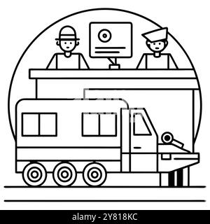 Una semplice illustrazione a linee di un veicolo che entra in una cabina di pedaggio. con due addetti al casello. Perfetto per illustrare il trasporto. logistica Illustrazione Vettoriale