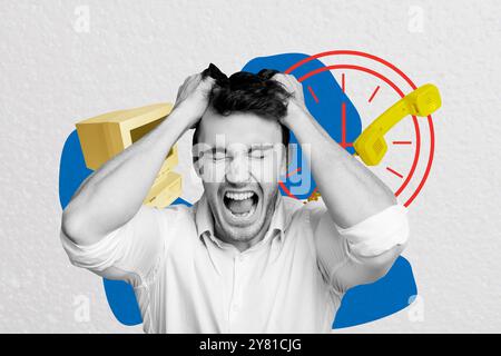 Collage fotografico composito di uomo d'affari arrabbiato pressione di lavoro telefono operatore call center monitor pc isolato su sfondo verniciato Foto Stock