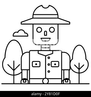 Un robot IA amichevole che indossa un cappello da ranger. in piedi tra due alberi e sorridendo. Questa icona vettoriale minimalista è ideale per l'uso nei siti Web. applicazioni. e. Illustrazione Vettoriale