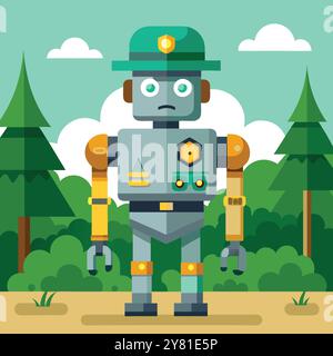 Un robot amichevole che indossa un cappello da ranger si trova in una foresta. pronto a proteggere la natura. Illustrazione Vettoriale