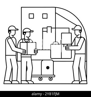 Tre lavoratori che caricano scatole in un camion per consegne. Questa semplice illustrazione line art è perfetta per progetti di stampa e Web relativi alla logistica. shippi Illustrazione Vettoriale