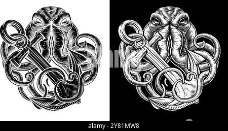 Anchor di polpo Kraken Sailor Tattoo Style Deisgn Illustrazione Vettoriale