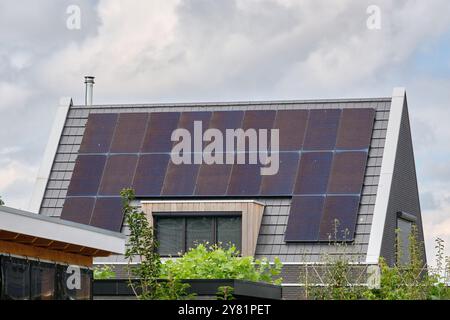 pannelli solari installati sul tetto di una moderna casa residenziale, che mostrano l'integrazione dell'energia rinnovabile nella vita moderna. Foto Stock