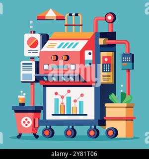 Un colorato. illustrazione dal design piatto che raffigura un data center mobile su ruote con grafici. grafici. e altre visualizzazioni di dati. Perfetto per illustrazioni Illustrazione Vettoriale