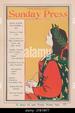 Advertisement for Philadelphia Sunday Press - Special Features, 17 novembre 1895 - artwork di George Reiter Brill (1867–1918) Woman with laurel, Writing Foto Stock