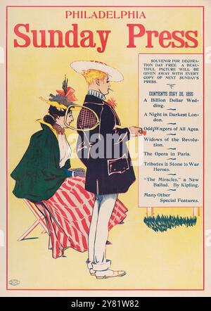 Pubblicità per Philadelphia Sunday Press – 26 maggio 1895, stampa, George Reiter Brill (1867–1918) ArtWork - Woman Seated, man with tennis racchetta Foto Stock