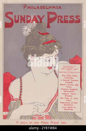 Pubblicità per Philadelphia Sunday Press - 13 ottobre 1895 - illustrazione di George Reiter Brill (1867-1918) donna in abito rosso Foto Stock