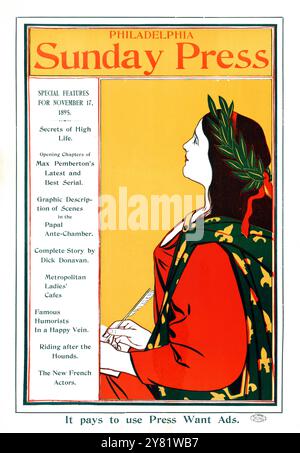 Advertisement for Philadelphia Sunday Press - Special Features, 17 novembre 1895 - artwork di George Reiter Brill (1867-1918) Woman with laurel, Writing - color Corrected Foto Stock