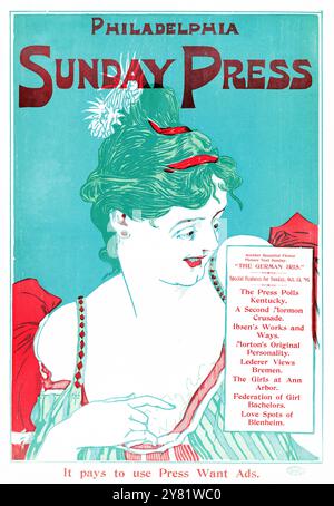 Pubblicità per Philadelphia Sunday Press – 13 ottobre 1895 - illustrazione di George Reiter Brill (1867–1918) donna in abito rosso - colore corretto Foto Stock