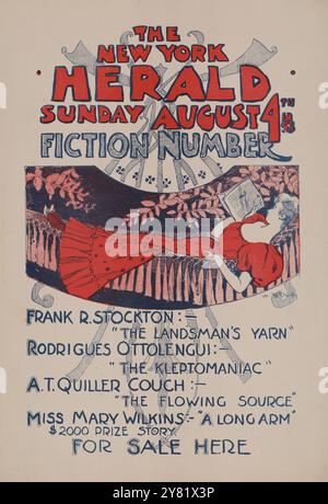 The New York Sunday Herald, 4 agosto 1895, fiction Number - Woodbury, Charles Hubbard, 1870, ArtWork - pubblicità per la rivista illustrata da una donna che indossa un vestito rosso, sdraiata su un divano che legge un giornale Foto Stock