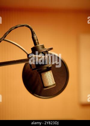 Microfono a condensatore con filtro pop collegato a un braccio su uno sfondo caldo e sfocato. Foto Stock