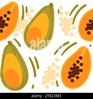 Set di motivi senza cuciture di due papaya, una tagliata a metà e la seconda intera. Papaya tropicale con semi. Illustrazione vettoriale su sfondo bianco. Illustrazione Vettoriale