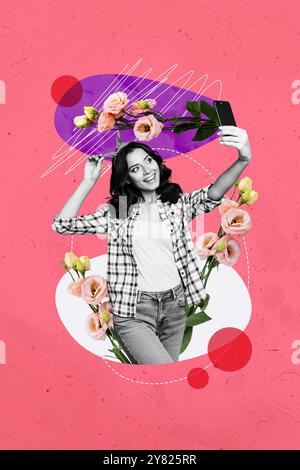 Grafica composita immagine di schizzo collage fotografico di surreali all'aperto stagione primaverile natura giorno della donna giovane blogger fare selfie stile pinup Foto Stock