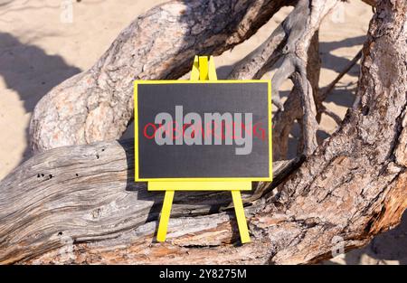 Simbolo onboarding riuscito. Concetto di onboarding su una bella lavagna di gesso. Bellissimo legno antico e sfondo di sabbia. Acquisizione aziendale riuscita Foto Stock