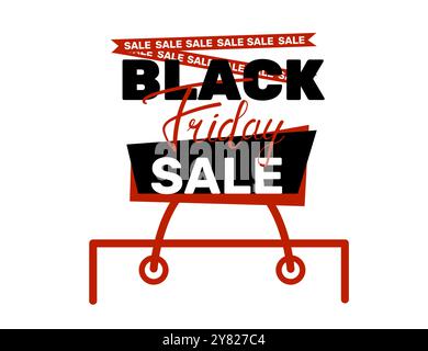 Striscione orizzontale per gli sconti del Black Friday con forti elementi neri e rossi, con testo di vendita in grassetto e borsa per la spesa, progettata per catturare l'attenzione Illustrazione Vettoriale