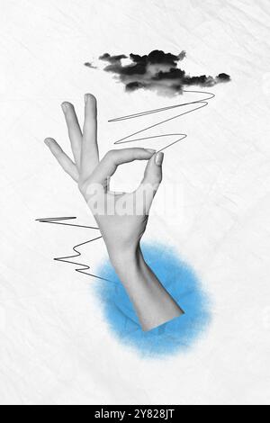 Grafica di tendenza immagine di schizzo composito collage fotografico di mano monocromatica in bianco e nero apparire mostrare il gesto verso l'alto ok promozione cielo nuvola nero Foto Stock