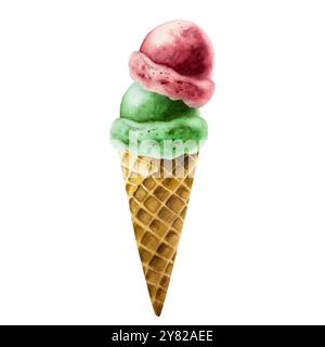 Cucchiaio di pistacchio, menta, mela, fragola, ciliegia, gelato al lampone in cono croccante per waffle. Pittura a mano dolce illustrazione acquerello isolato o Foto Stock