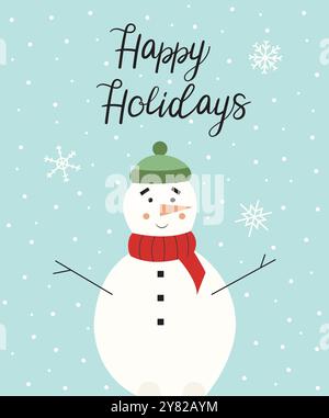 Auguri di buone feste 2024. Carino e divertente carino cartoni animati natalizi, cartolina di personaggi di pupazzo di neve con cordiali auguri Illustrazione Vettoriale