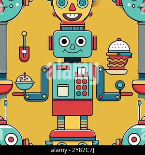 Cameriere robot cordiale che serve cibo e bevande. Perfetto per i ristoranti. caffè. e le app per la consegna di cibo. Illustrazione Vettoriale