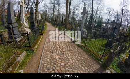 Un sentiero acciottolato che si snoda attraverso un vecchio cimitero con varie lapidi e recinzioni di ferro. Nella b sono visibili alberi senza foglie e fiori blu Foto Stock