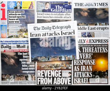 2 ottobre 2024. Titoli in prima pagina dei giornali britannici dopo l'attacco dell'Iran a Israele. Foto Stock