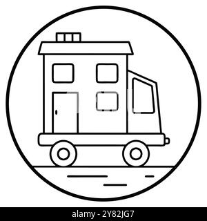 Semplice illustrazione line art di una piccola casa su ruote. perfetto per rappresentare la vita mobile. viaggiare. e lo stile di vita minimalista. Illustrazione Vettoriale