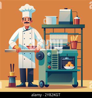 Uno chef allegro si trova accanto a un carrello. pronti a servire. Questa illustrazione è perfetta per i blog di cibo. siti web di ristoranti. o branding relativo al cibo. Illustrazione Vettoriale