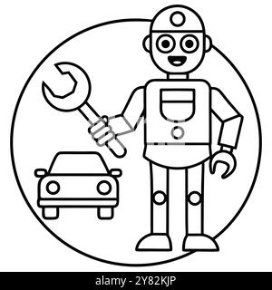 Un meccanico robot amichevole che regge una chiave. vicino a un'auto. Questa semplice illustrazione line art è perfetta per i concetti di intelligenza artificiale nel settore automobilistico. rep Illustrazione Vettoriale