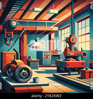 Un'illustrazione vivace e stilizzata che raffigura un'officina industriale d'epoca con macchinari. strumenti. e un caldo. atmosfera invitante. Perfetto per il progetto Illustrazione Vettoriale