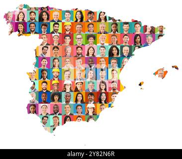 Ritratti di persone adulte di molte generazioni sulla mappa della Spagna come concetto di società Foto Stock