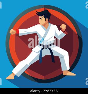 Un'illustrazione stilizzata di un lottatore di karate in un gi bianco con cintura nera. dimostrazione di una posa dinamica. Ideale per le arti marziali. e fitness Illustrazione Vettoriale