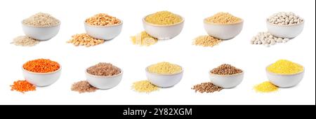 Cereali, semi e fagioli diversi in ciotole su sfondo bianco, raccolta Foto Stock