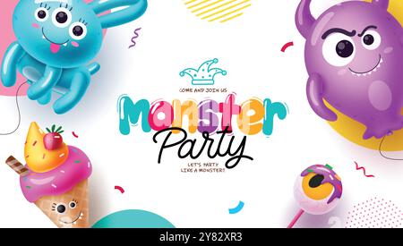 Design vettoriale del messaggio di benvenuto del mostro party. Tema di compleanno dei mostri di Halloween con palloncini creativi elementi fluttuanti per lo sfondo della carta di invito dei bambini. Illustrazione Vettoriale